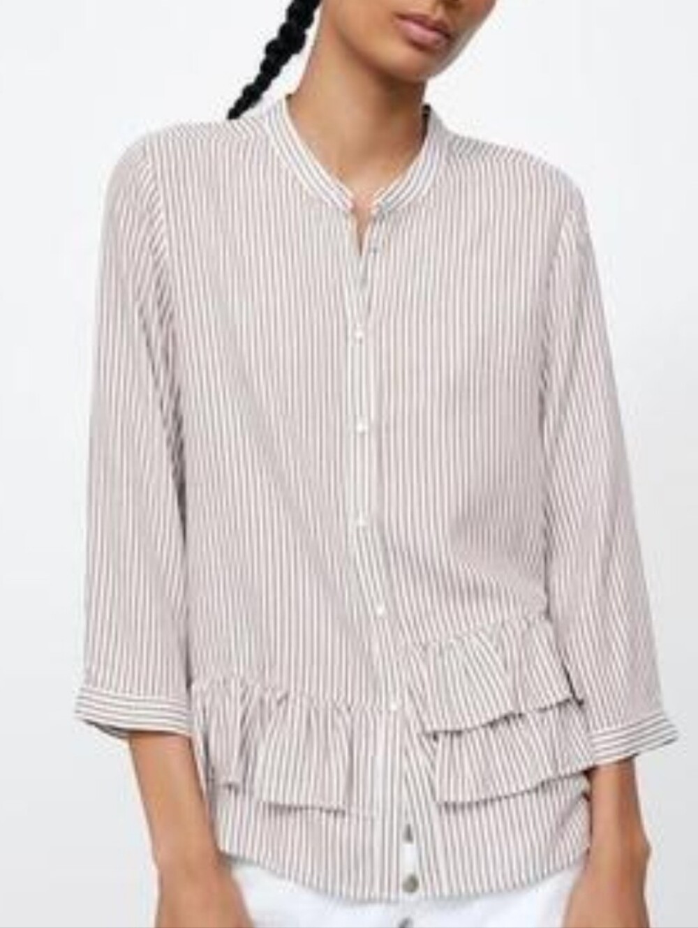 🌟7/25$ Zara Basic Asymmetrical Taupe Pinstrip Pearl Button Blouse Ruffle Hem
